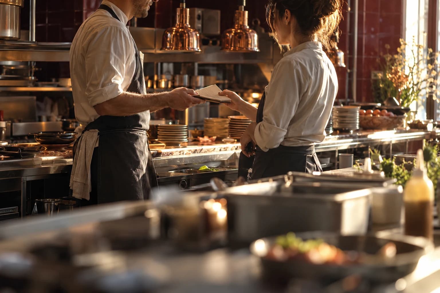 Two restaurant colleagues sharing notes before service